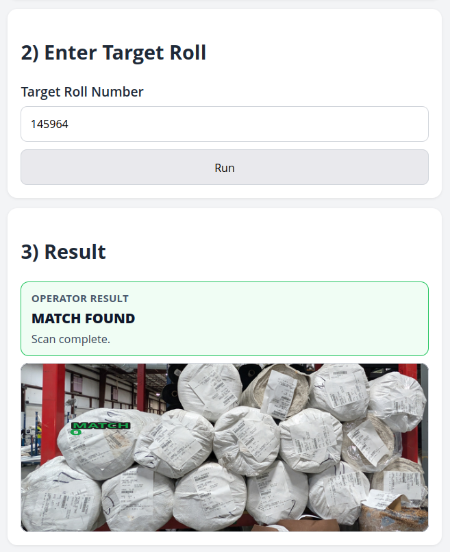 Bolt Finder prototype screenshot showing OCR-first rack scanning and label match feedback