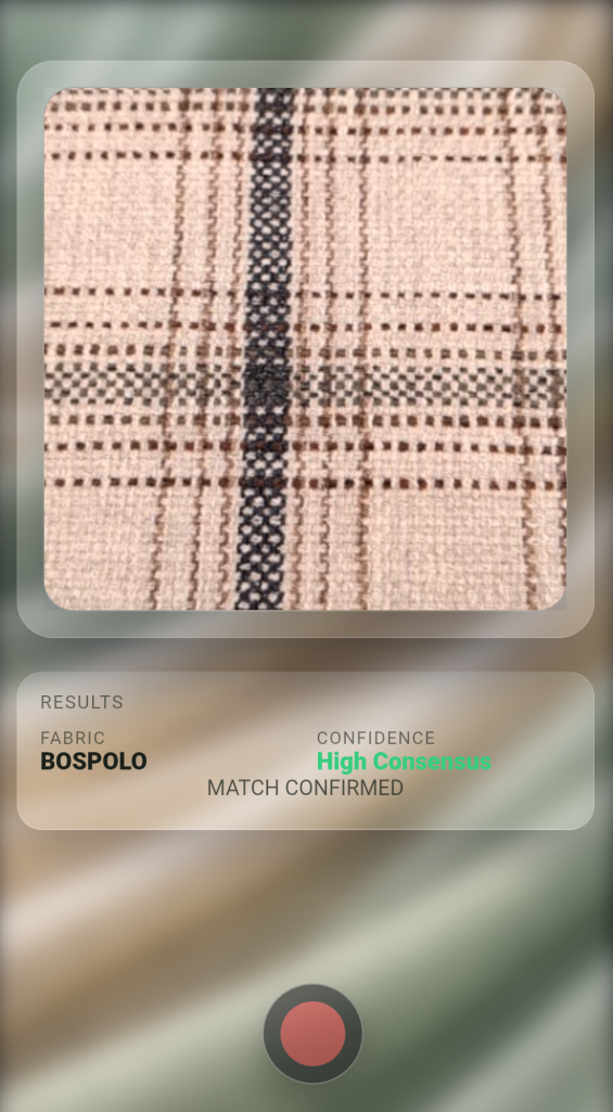 Swatch ID mobile interface showing BOSPOLO fabric identified with high consensus confidence